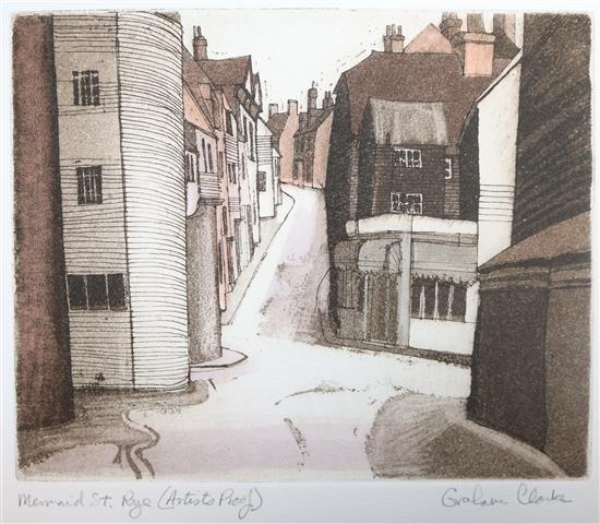 Graham Clarke, six etchings of Rye, Ebenezer Press, unframed in folio